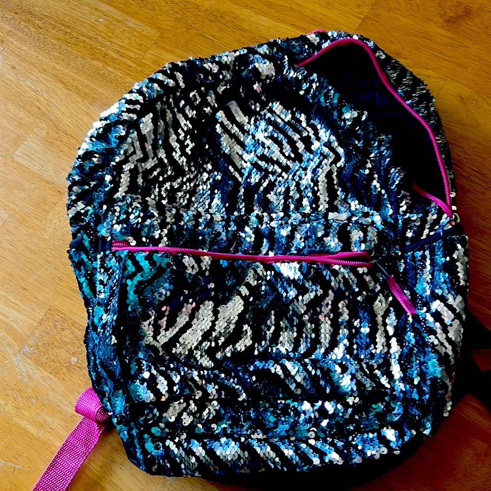 Sequined back pack!  Zebra striped -sliver or blue